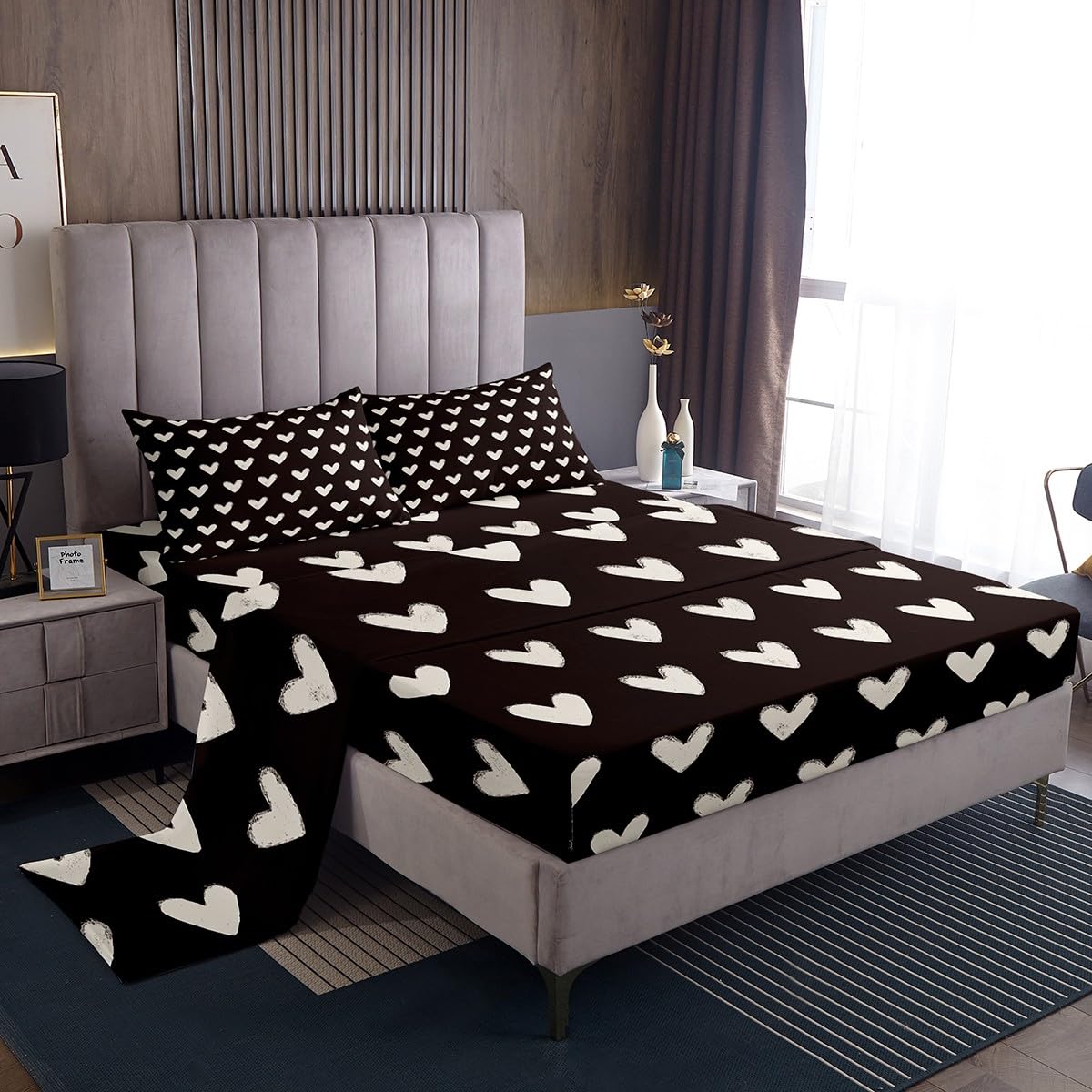 Erosebridal Love Bed Sheets Full Size White and Black Heart Shaped Bedding Set for Teenager Girls Valentine Cartoon Geometric Flat Fitted Sheet Kawaii Love Heart Bedroom Decor 4Pcs