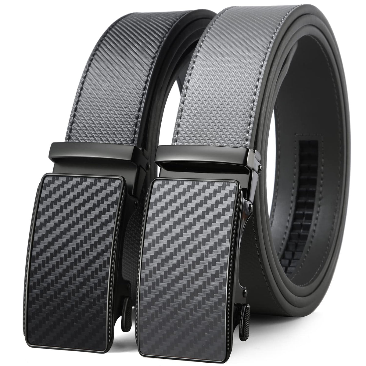 2 Pack Ratchet Belt 1 3/8", Leather Dress Belt with Click Sliding Buckle in Gift Set Box, Mens Adjustable Belt Trim to Fit (Carbon Fiber Black/Gray/Grey, 28"-42" Waist Adjustable)