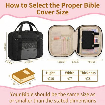 Quilted Bible Cover for Women, Zippered Bible Case with Handle, Bible Organizer Bag w/Multiple Pockets & Pen Slots Lightweight Bible Tote Bag for Church Study, Gifts for Women (Black)