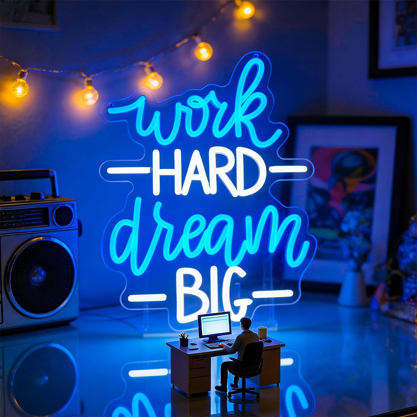 Whfobfe Blue&White Neon Sign Led Neon Lights Signs for Wall Decor USB Powered Led Signs for Room Decoration-Work Hard Dream Big