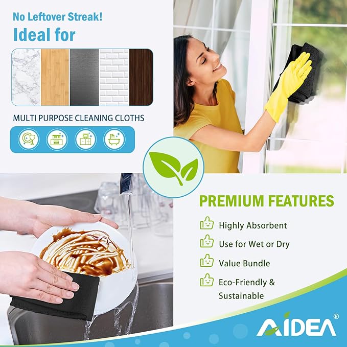 AIDEA Microfiber Cleaning Cloth Black 24PK, Microfiber Towels