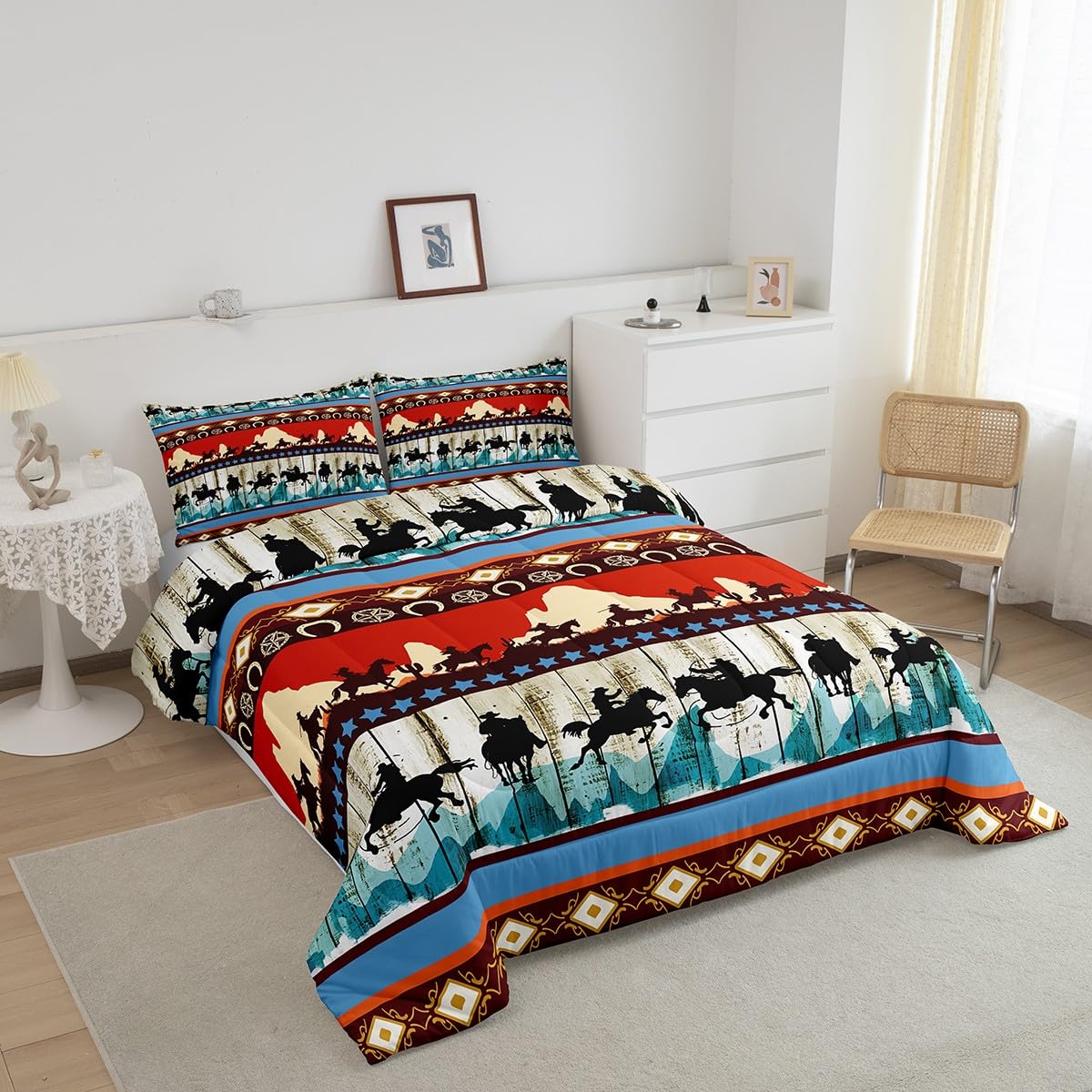 Feelyou Kids Full Aztec Red Comforter Full Size, Southwestern Cowboys Comforter Set for Boys Girls Horse Bedding Set Boho Tribal Duvet Set Microfiber Bed Set