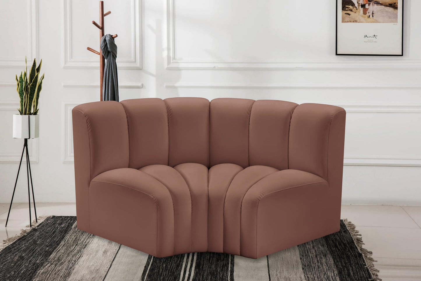 Meridian Furniture 101Cognac-S2B Arc Collection Modern | Contemporary Modular Sofa with Soft Cognac Vegan Leather, Deep Channel Tufting, Modular Design, 60" W x 33" D x 30" H, Cognac