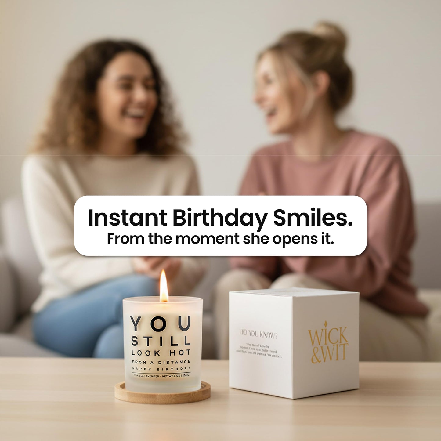 Funny Birthday Gifts for Women You Still Look Hot from a Distance Gift Set Playful Gifts for Friend Sister Coworket BFF Vanilla Lavender Soy, 50+ Hour Burn, Ready to Gift Box by Wick and Wit