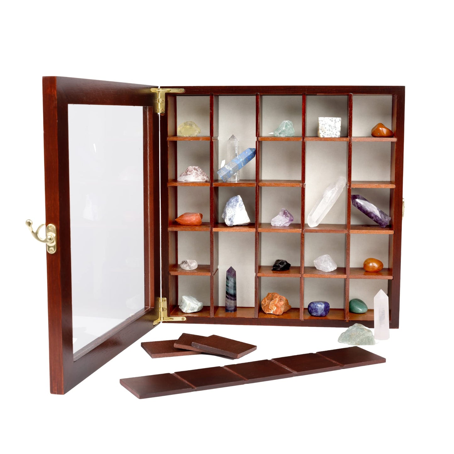 SmartyRocks Adjustable Rock Display Case - Rock Collection Box with Fabric Bed for Mineral Display - Dark-Finish Shadow Box with Shelves for Crystal Storage
