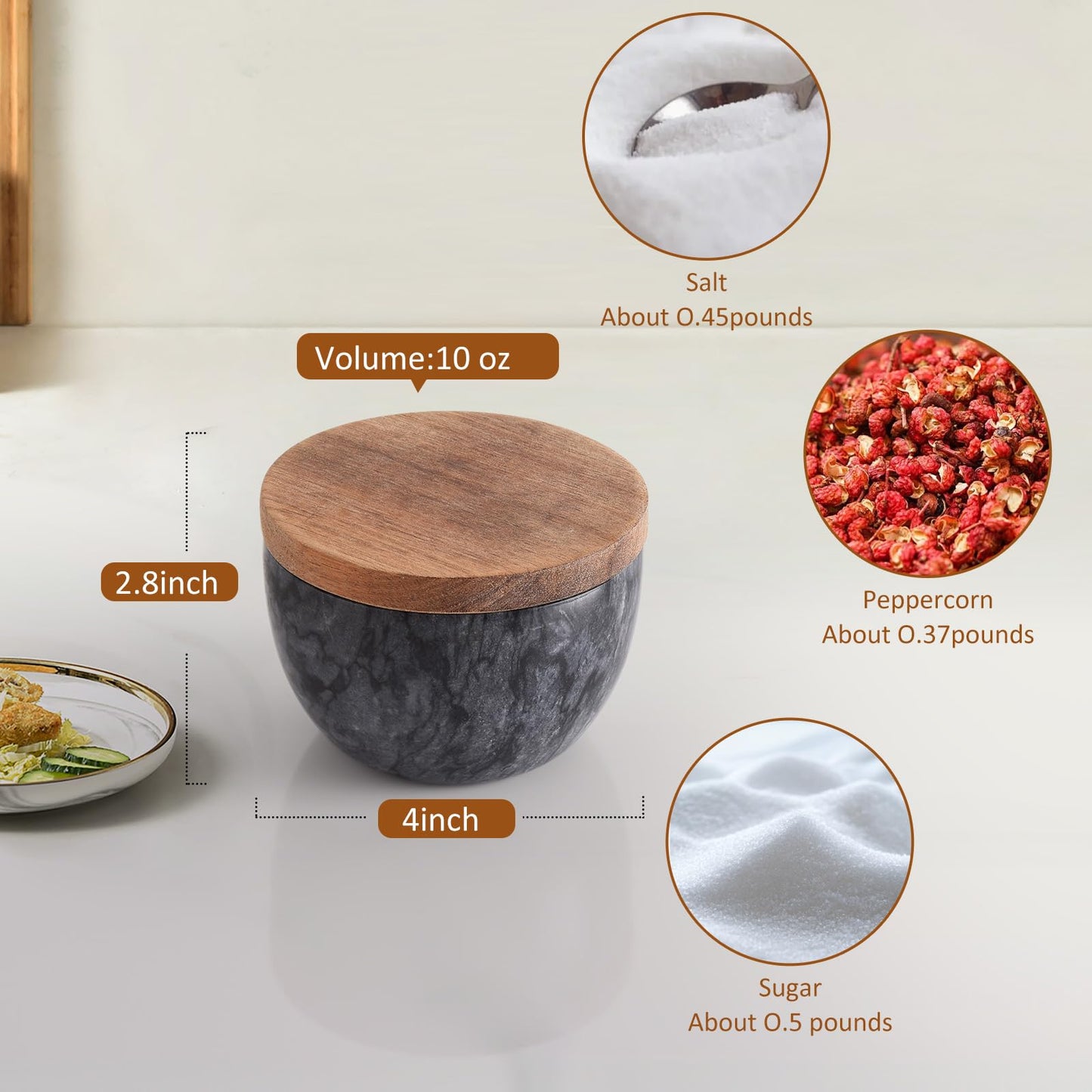 Q.XING Natural Marble Salt Cellar, 10oz Salt Dish with Lid & Spoon, Unique Seasoning Box, Stone Salt Holder, Salt Containers for Countertop, Kitchen Decor