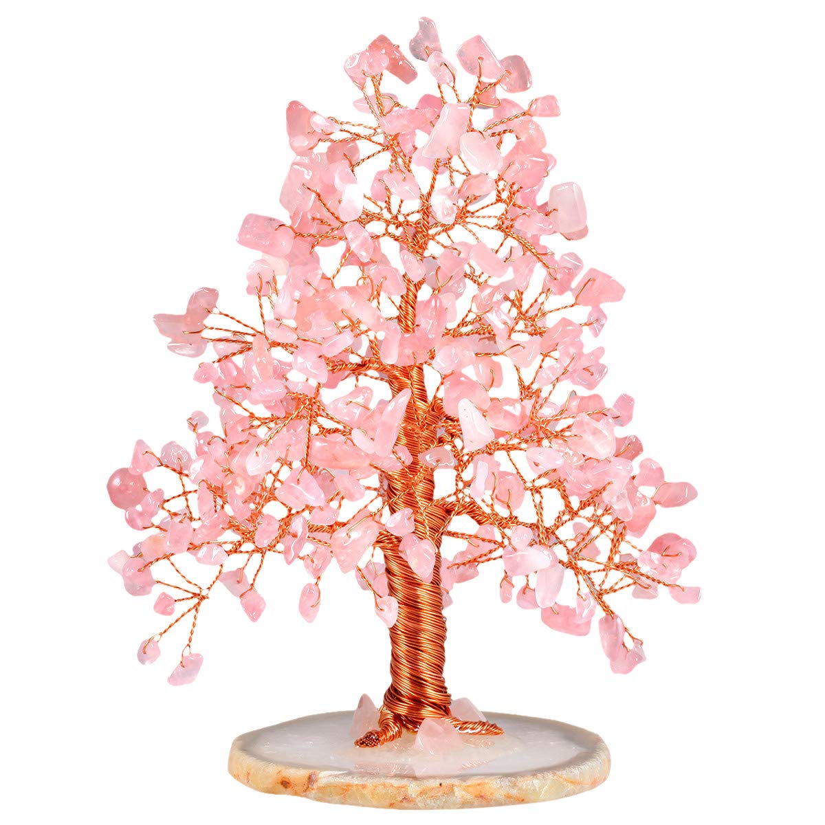 mookaitedecor Natural Rose Quartz Crystal Tree with Agate Slice Geode Base Money Tree Desk Home Decoration for Wealth and Luck 5"-6"