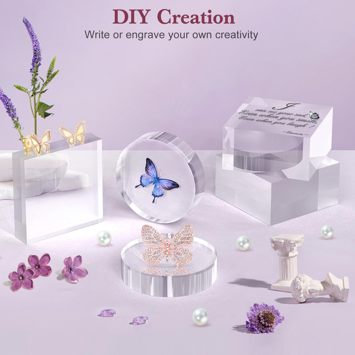 SAMYUCHO Acrylic Base Stand 4 Pieces Acrylic Blocks for Display 4 X 4 X 2 Inch Clear Polished Block Square Cube Riser Display Pedestal Stands for Jewelry Perfume Ring Collection Props Cake