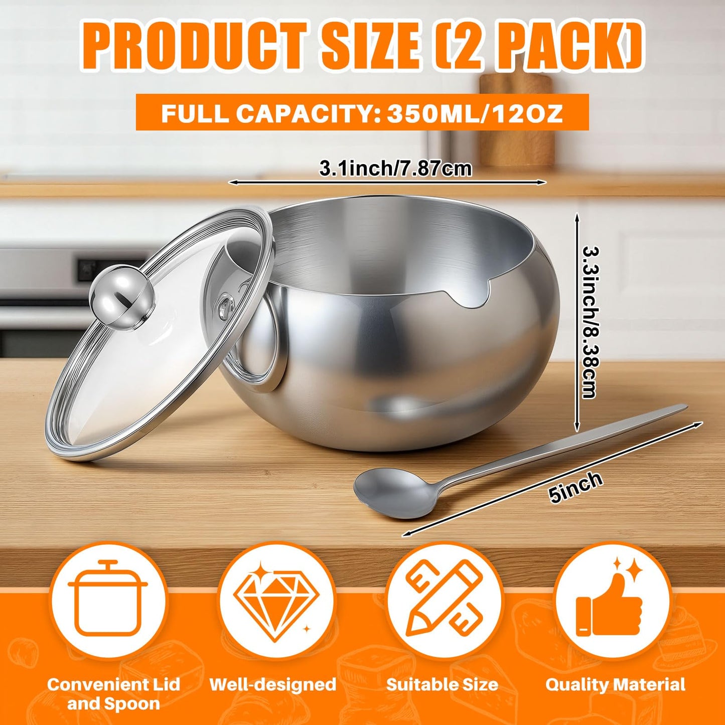LemonRoad 2 Set 12oz Sugar Bowl with Lid and Spoon Stainless Steel Spice Container with Labels and Pen Kitchen Sugar Holder Jar Countertop Storage Accessories for Salt Coffee Tea Candy Cube