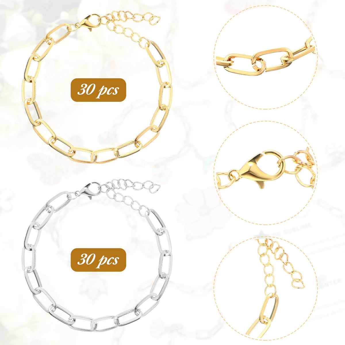 Quelay 60 Pcs Chain Bracelet Bulk Alloy Link with Lobster Clasps for Women DIY Jewelry Findings Bracelet Jewelry Making Supplies Accessories (Gold and Silver)