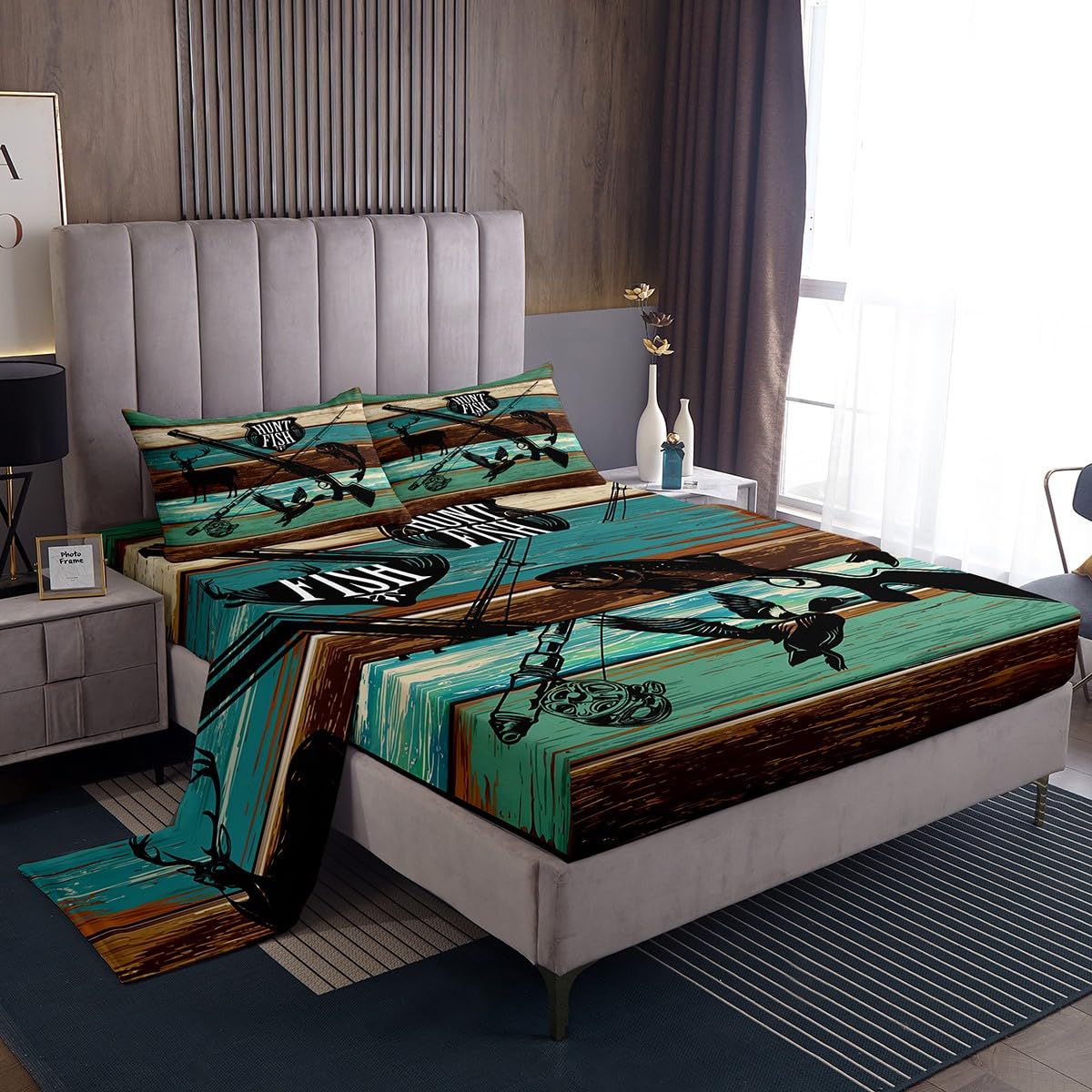 Kids Wild Animal Hunting Fitted Sheet Set Full Size 4pcs,Hunt Fish Themed Retro Bedding Sets(1 Fitted, 1 Flat, 2 Pillowcases) Farmhouse Rustic Wooden Board Luxury Deep Pocket Bed Sheets, Modern