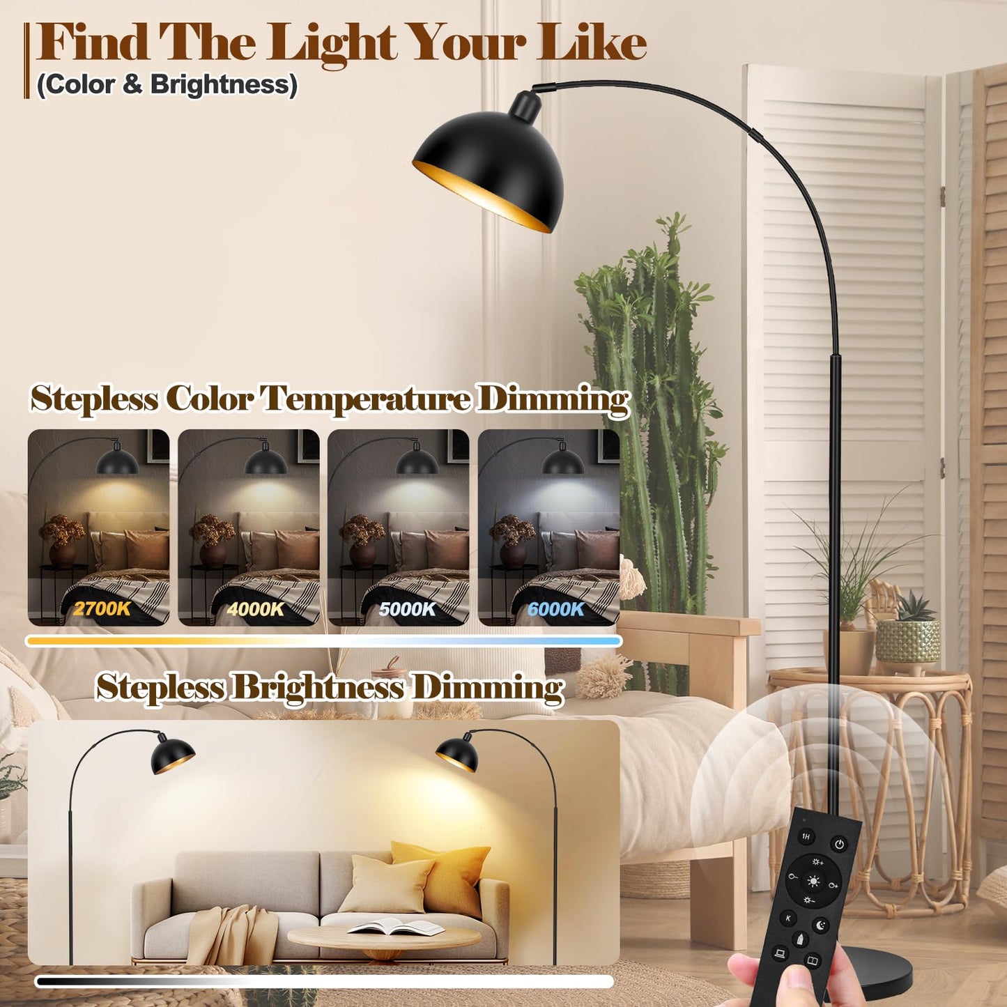 【Upgraded】Black Arc Floor Lamps for Living Room - Dimmable Arched Floor Lamp with Remote Control & 2700-6000K 9W LED Bulb Included, Modern Arch Standing lamp, Industrial Tall Lamp for Bedroom Reading