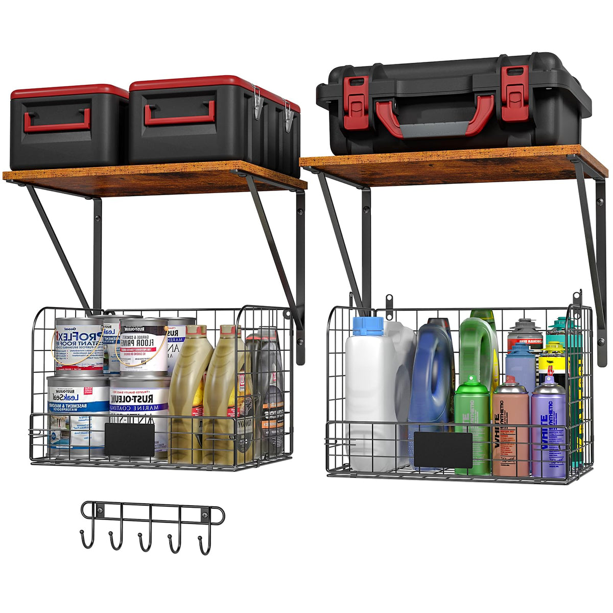 ThreeHio 2 Pack Garage Shelves Wall Mounted with Wire Storage baskets, Heavy Duty Garage Wall Shelving with Hooks, Wooden floating shelves Tool Organizer for Home Garden Garage Organizers and Storage