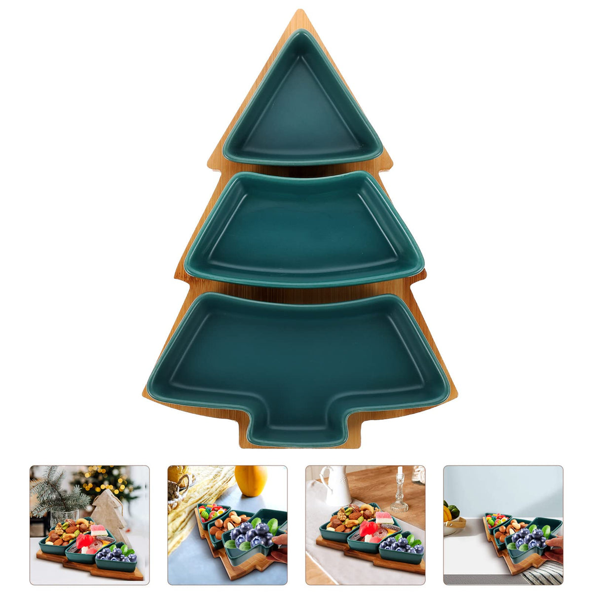 UPKOCH Christmas Tree Shaped Ceramic Snack Trays with Wooden Base, Tree Shaped Candy Dish Green Appetizer Plates for Nuts, Candy Dessert, Holiday Party Serving Platter, 10.38in
