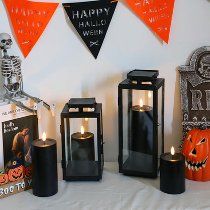 Lezonic Black Flameless Candles with Remote, LED Battery Operated Flickering with Timer, 4 Pack Glossy Wax Drips Design Real Wax Pillar for Halloween Decor, Centerpiece, Birthday Gifts (4/5/6/8 Inch)