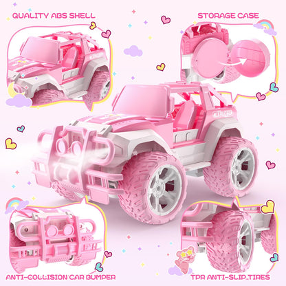 DEERC Remote Control Cars with Windmill, 1:18 Scale Jeep RC Car, 80 Min Playtime LED Light Off-Road Pink Radio Monster RC Trucks with Auto Mode, Storage Case Toys Car Gifts for Girls Kids 3 4 5 6 7 8