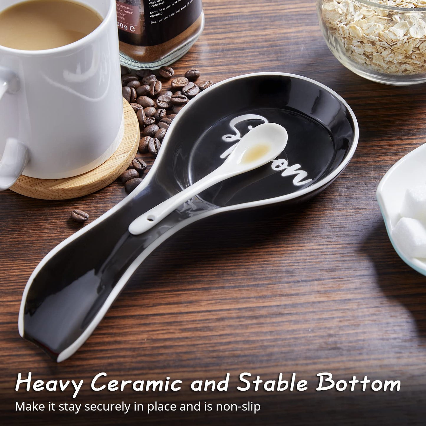 Ceramic Spoon Rest for Stove Top, DAYYET Large Spoon Holder, Spoon Rest for Kitchen Counter, Spatula Holder Utensil Rest for Ladles, Tong, Modern Rustic Kitchen Decor, Black