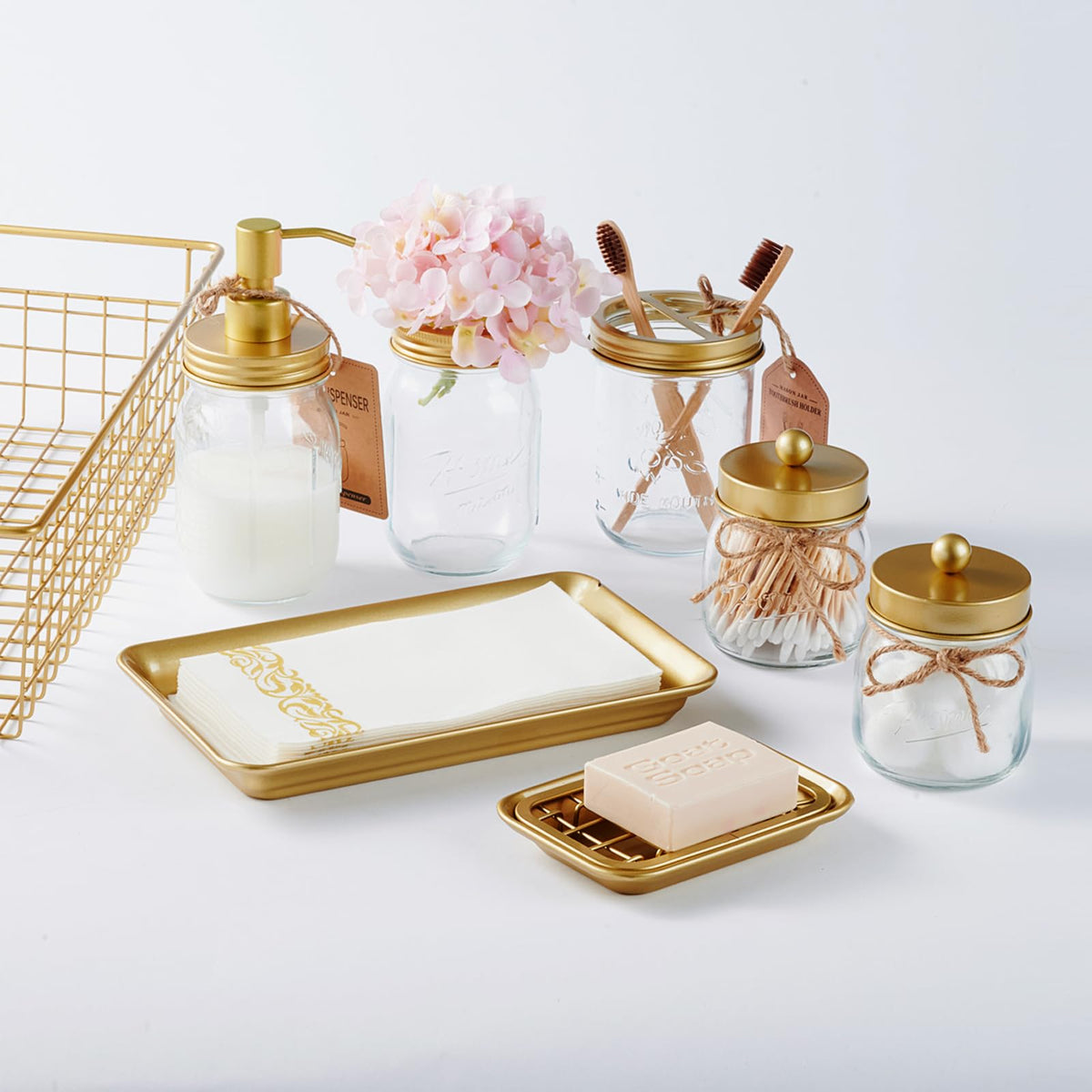 Kitchen and Bathroom Soap Dish Tray - Metal 2-Piece Soap Dish Tray with Drainage Grid and Holder for Kitchen Sink Countertops to Store Soap, Sponges, Scrubbers - Rust Resistant (2 Pack, Gold)