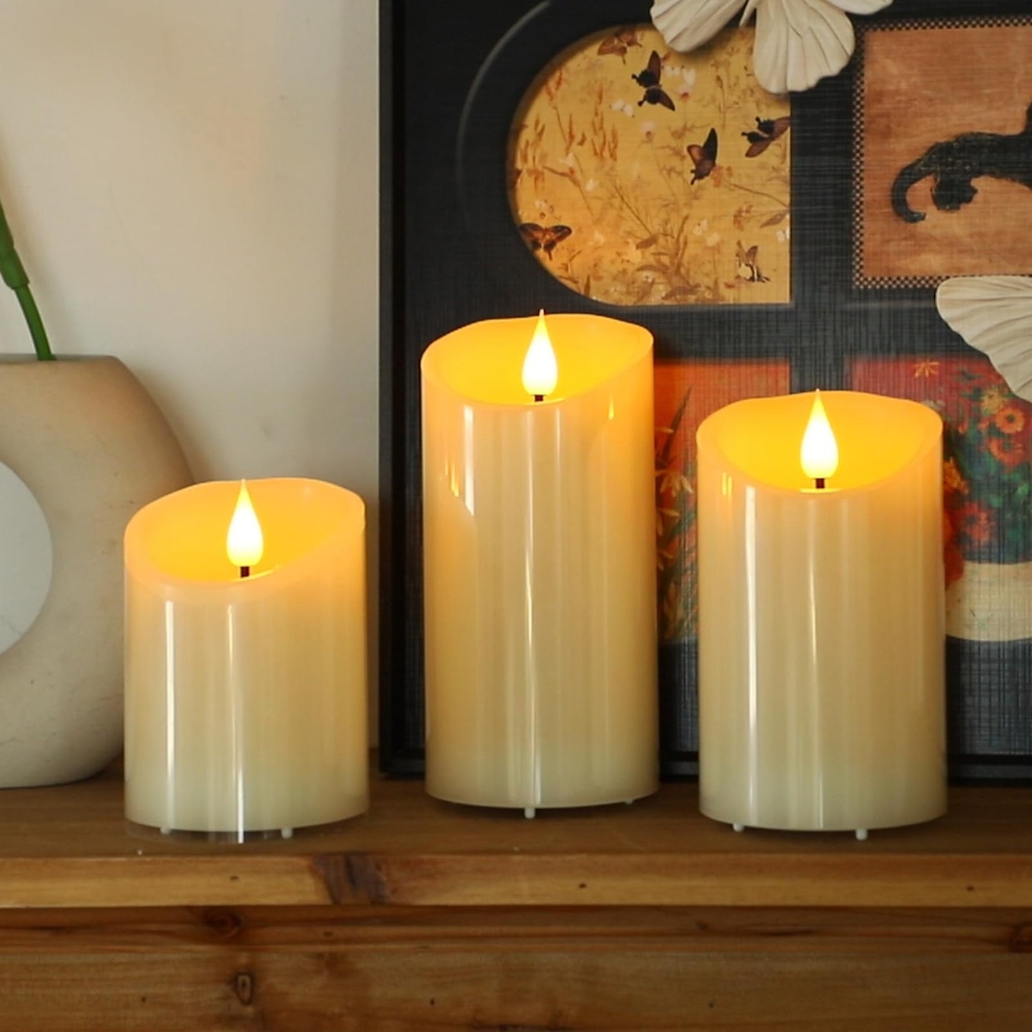 Lezonic Rechargeable Flickering Flameless Candles Battery Operated with Remote and Timer, Pack of 3(D 3'' X H 4''5''6'') Long Lasting Ivory White Real Wax LED USB Pillar Candles