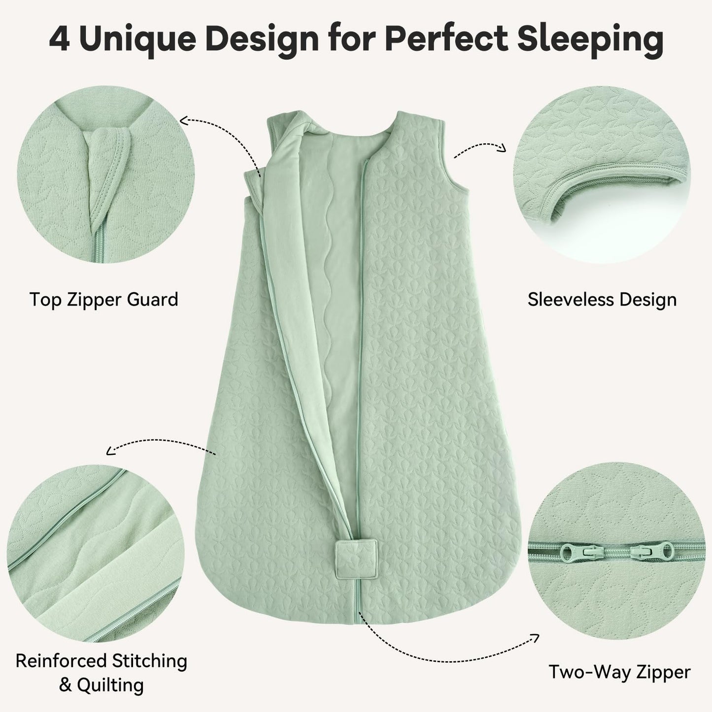 Unnivoll Baby Sleeping Bag 2.5 Tog 12-18 Months 100% Cotton Winter Sleeping Bag Baby 2-Way Zipper Quilted Sleep Sack for Newbron Infant Warm Soft Green