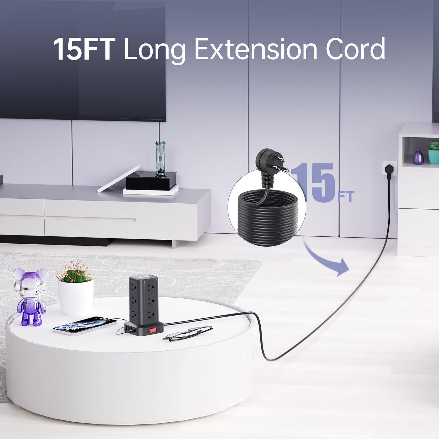 Extension Cord with Multiple Outlets, Surge Protector Power Strip Tower, 12 AC 4 USB，Surge Protector Tower 6.5FT Overload Protection for Home Office