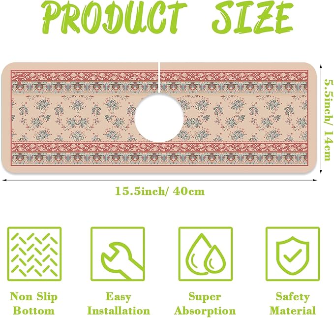 Sink Splash Guard Faucet Mat Retro Boho Flowers Absorbent Fast Drying Mat Sink