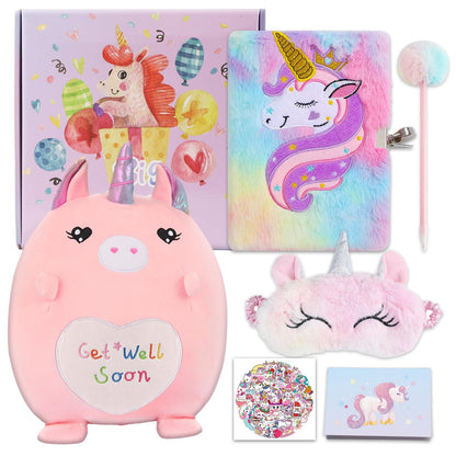 VUYUEN Get Well Soon Gift for Girls, Unicorn Fluffy Diary with Lock & 12'' Get Well Soon Plush Pillow, Feel Better Gifts for Girls, Girls Get Well Baskets, Get Well Gift After Surgery