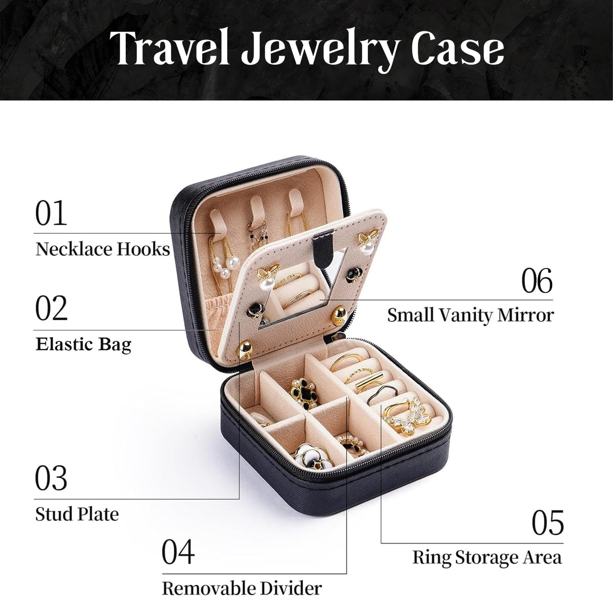Artinhand Black Skull with Gold Roses Small Travel Jewelry Case with Mirror Portable Black PU Leather Box Earrings Necklaces Rings Bracelets Storage Organizer Gift for Women And Girls