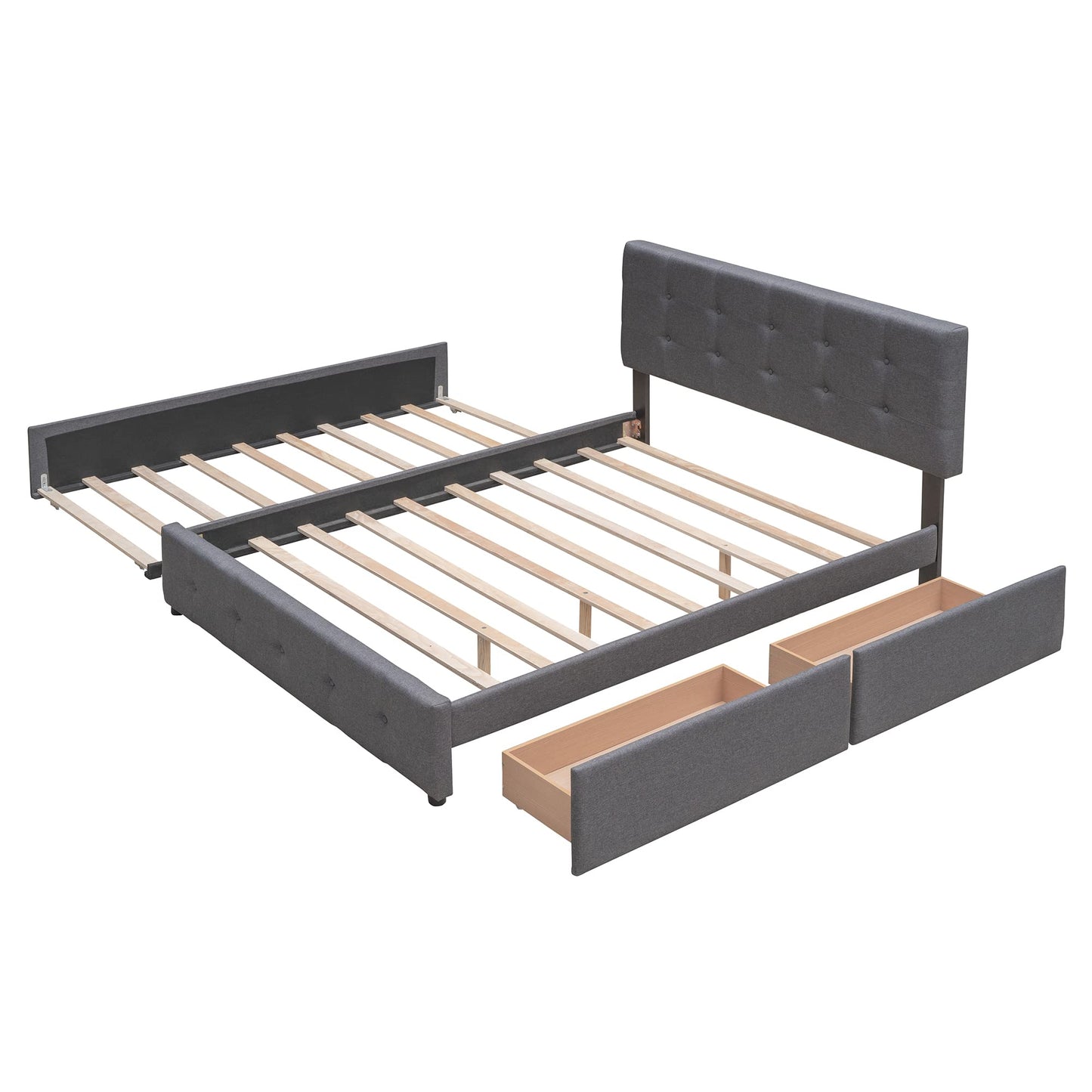 Ball & Cast Queen Size Bed Frame with 2 Drawers and 1 Twin XL Trundle, Linen Upholstered Platform Bed with Button Tufted Headboard and Wood Slats Support, No Box Spring Needed,Dark Gray