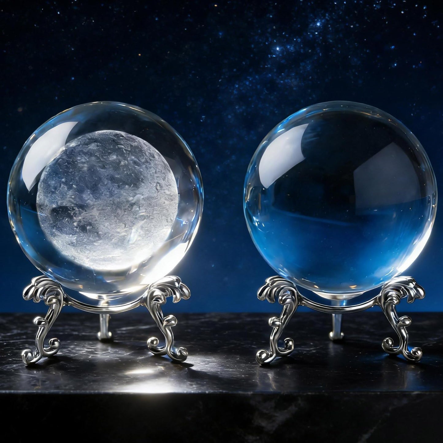 vskikris 2pcs Crystal Balls and 2 Silver Stands - 1 Clear and 1 3D Laser Moon Crystal Ball Paper Weights Collectible Figurines Gifts Photography Prop Home & Party Decor