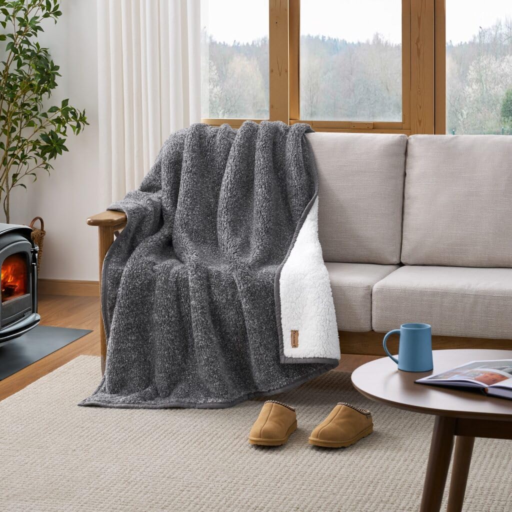 BEARPAW Sherpa Throw Blanket - Ultra Soft Plush Warm Reversible Fluffy Blanket for Bed Couch Sofa & Living Room Decor, House Decor, Room Decor Gifts for Women - 50"x70" (Gray, Throw - 50" x 70")