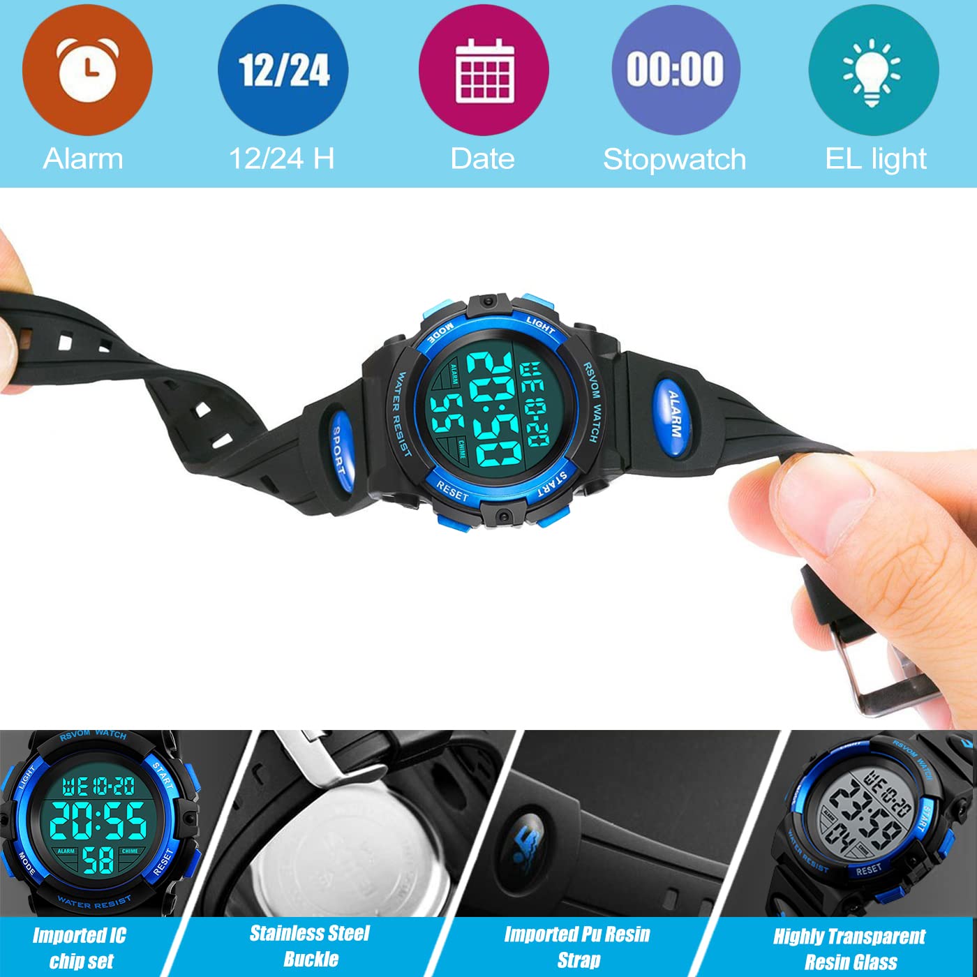 RSVOM Kids Boys Watches, Waterproof Outdoor Digital Sports Watch with Alarm/Stopwatch, Kids Digital Wrist Watches for Birthday Gifts/Gifts Blue, S, Strap, Blue, S, Strap