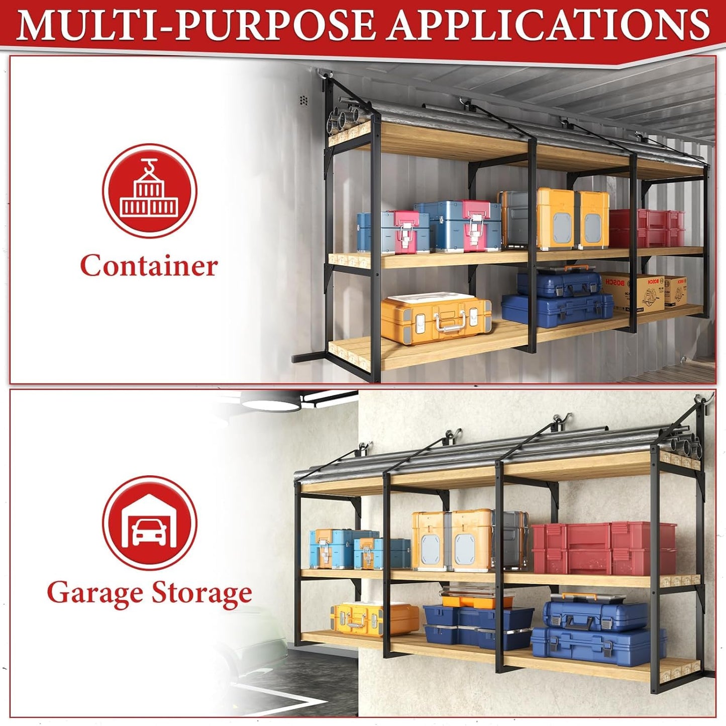 iyrany Universal Shipping Container Accessories 4 Pack – Heavy Duty Brackets. 3-Tier Steel Shelving & Shelves System. 52"x22" Storage Rack for Garage, Warehouse, Industrial Shipping Container