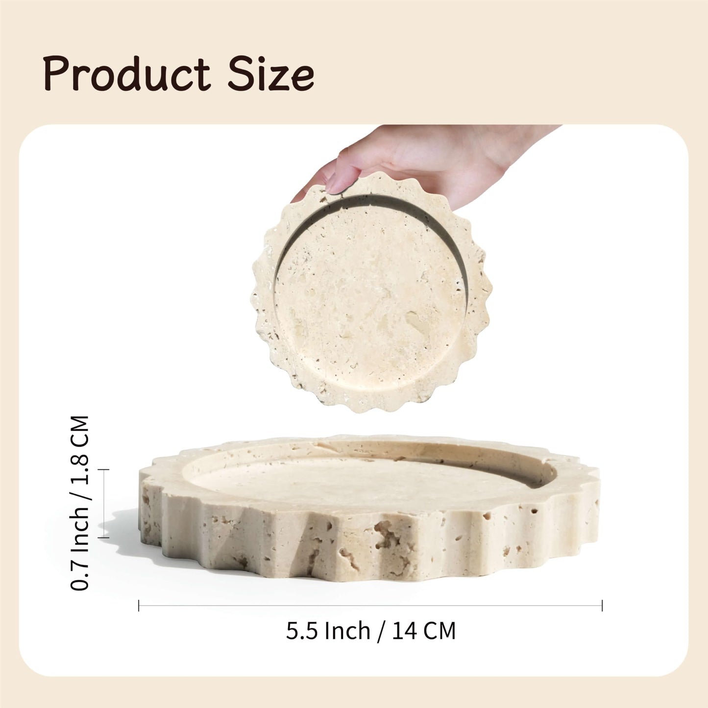 seicasaya 5.5 Inch Small Scallop Edge Tray, Hand-Carved Natural Stone Jewelry Holder, Travertine & Marble Vanity Tray for Rings, Candles, or Keys (Travertine)
