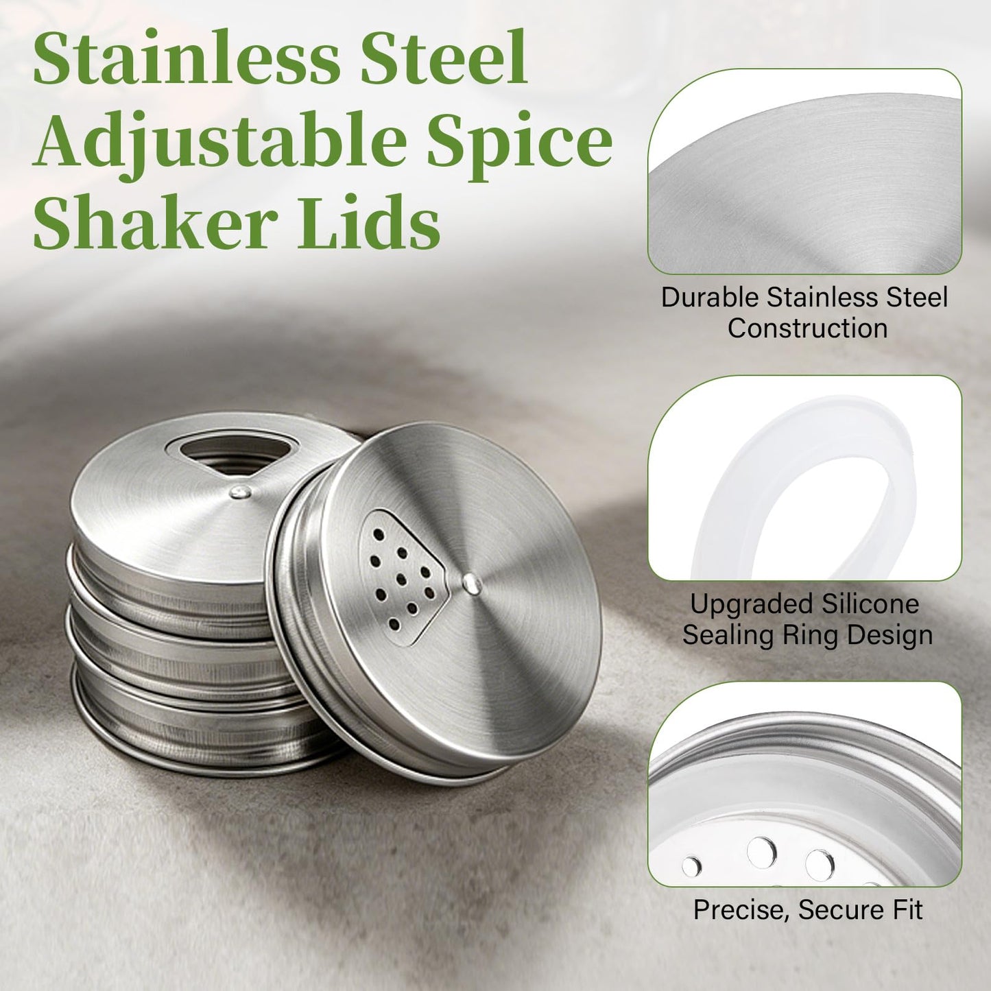 4-Pack Stainless Steel Adjustable Spice Shaker Lids for Regular Mouth Mason Jars, with 4 Bonus Silicone Sealing Rings – Dual Shaker/Pour Tops for Seasoning, Salt & Pepper Storage