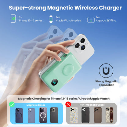 Magnetic Portable Charger 10800mAh for iPhone with Built-in Cables, 6-in-1 Wireless Power Bank with iWatch Charger, LCD Display 25W PD Fast Charging Battery Pack for iPhone 16/15/14/13/12, Apple Watch