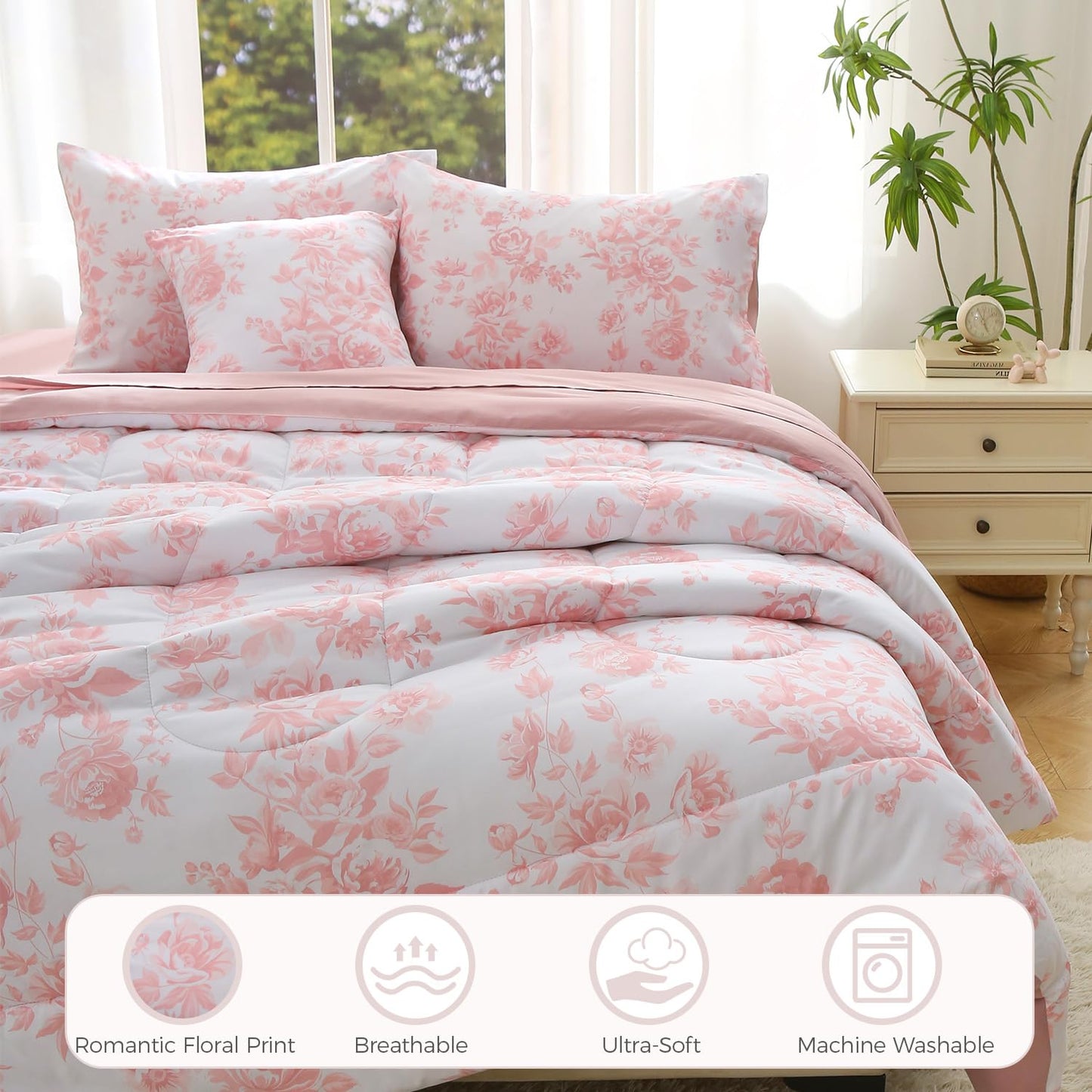 JQinHome Queen Comforter Set - 6 Pieces Reversible Pink Rose Floral Bedding Set, Bed in a Bag with Solid Pink Back Microfiber Comforter, Sheets & Cushion Cover, Edredones Queen Set Completo