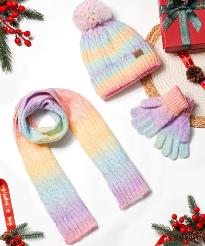 Kids Winter Hat Scarf Gloves Set, Girls Boys Toddler 8% Wool Warm Fleece Lined Pom Pom Beanie Hat Knit Neck Scarf Soft Thick Mittens Gloves for Cold Weather 3 In 1 Birthday Christmas Gift for Children