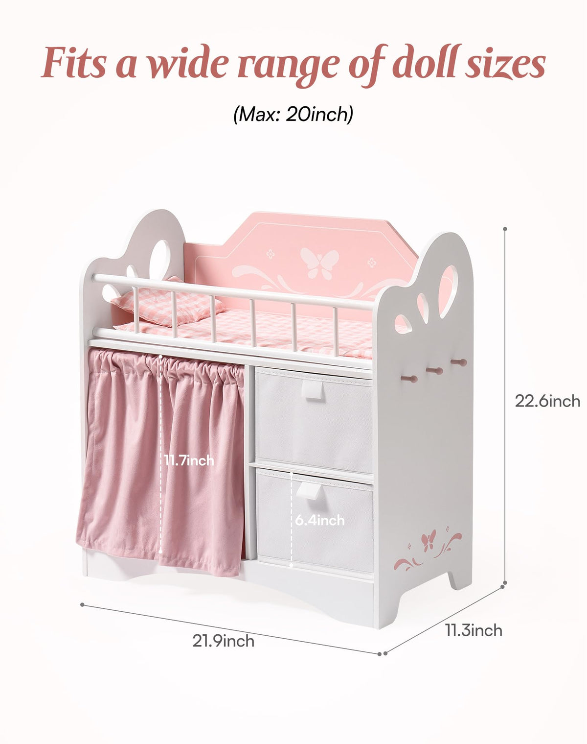 ROBOTIME Baby Doll Crib, Wooden Doll Bed, Toy Baby Crib with Storage, Bedding, and Wooden Hooks, Doll Crib Fits Dolls up to 21", Doll Furniture for American Girls Ages 3+ (Pink)