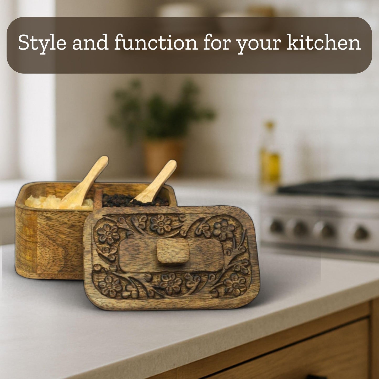 Mie Creations Duet Salt and Pepper Box Cellar with Hand Carved Lid & 2 Spoons, Rustic Wooden Pinch Bowls with 2 large Compartments | Wood Salt Storage Keeper, Spice Bowls for Kitchen Cooking