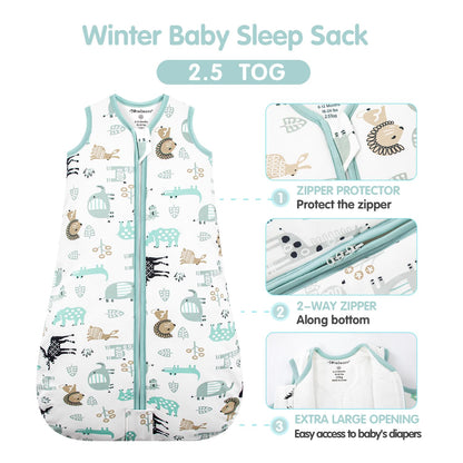 Mosebears Baby Winter Sleeping Bag 2.5 Tog,Toddler Sleep Sack Wearable Blanket 100% cotton baby sleeping bag for Babies 0-24 Months(Blue Zoo,18-24 Months)