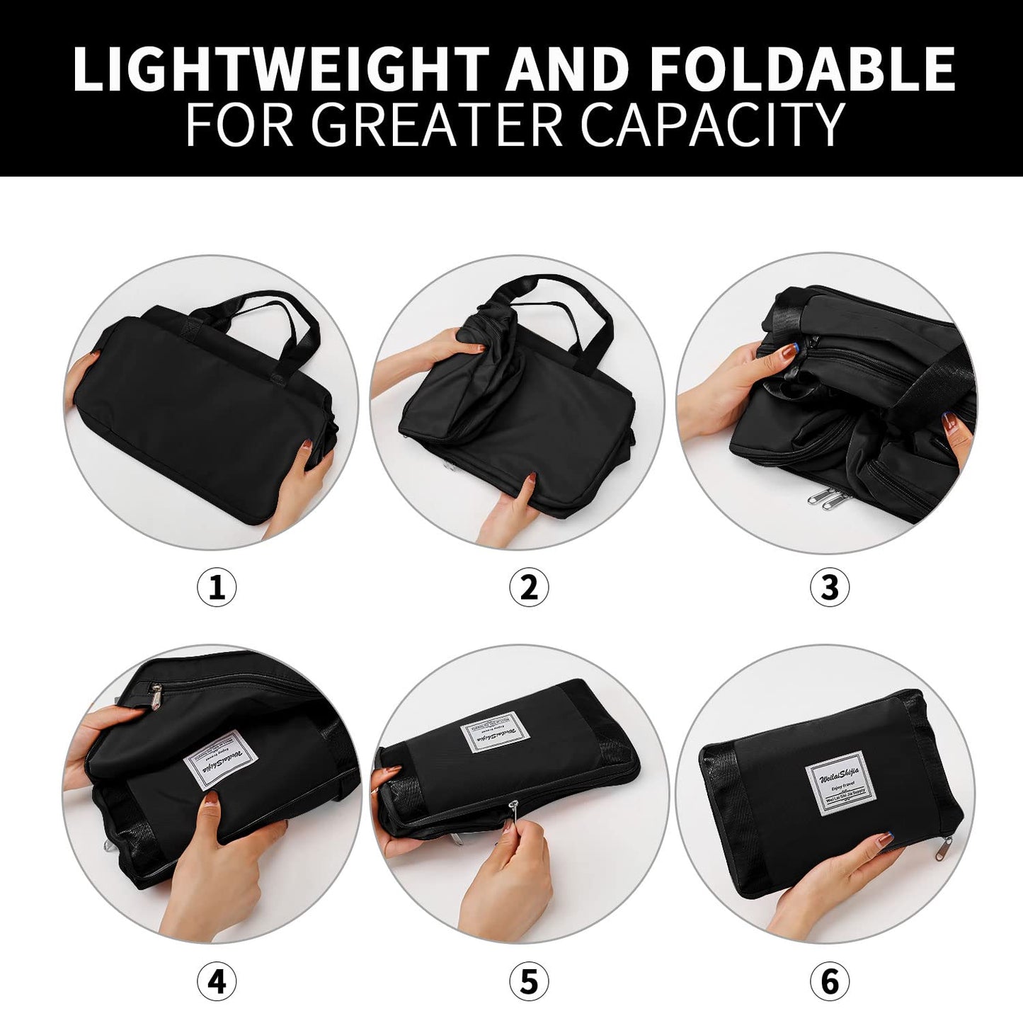 FIORETTO Womens Foldable Weekend Bag Overnight Hospital Bag with Shoes Compartment & Wet Pocket, Water Resistant Gym Bag Duffle Bag Travel Bag Holdall for Women Men Black