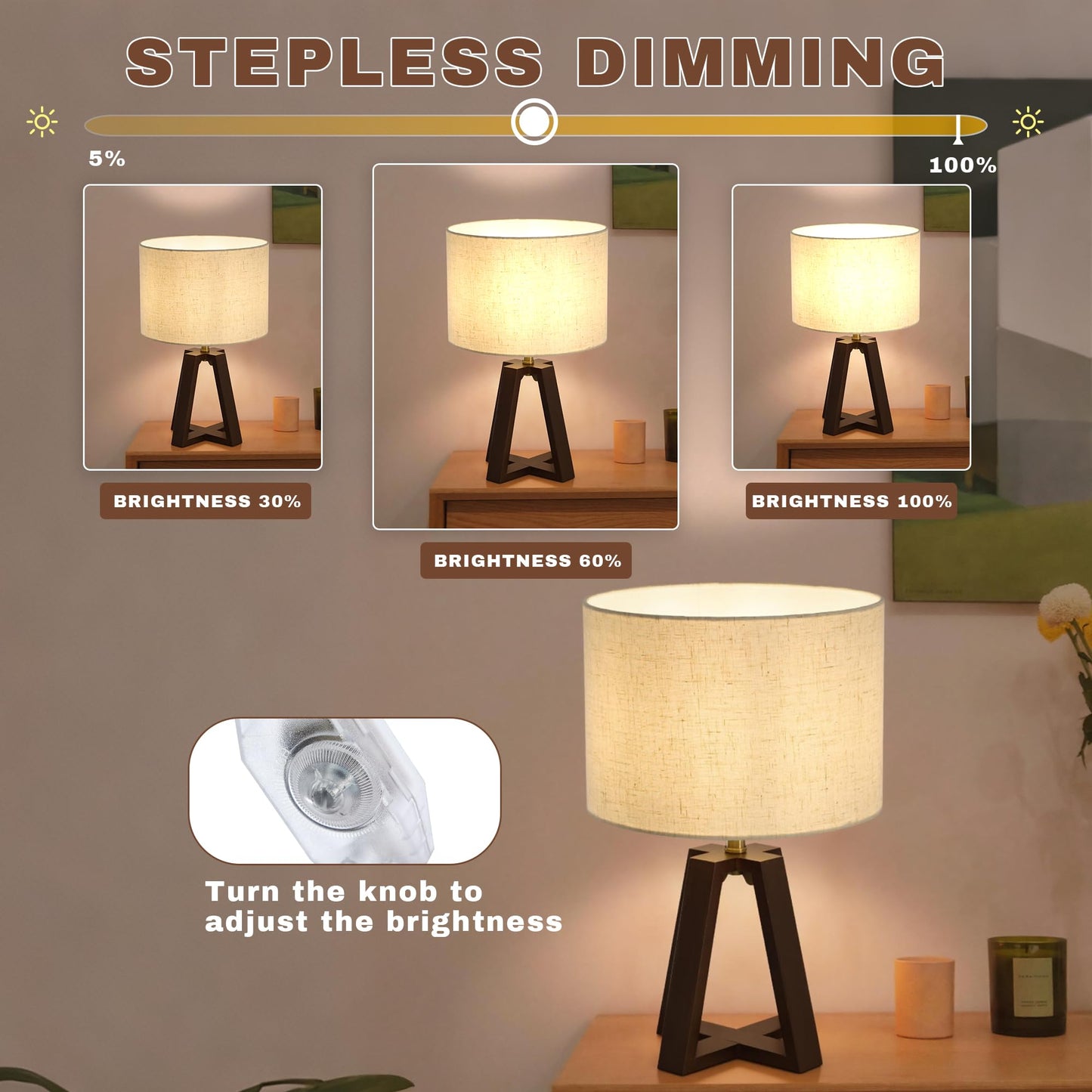 Booniture Cross-Base Table Lamp, Small Bamboo Bedside Lamp with Beige Linen Lampshade, Boho Modern Nightstand Lamp for Bedroom Living Room Office,E26 Socket (Walnut Color)