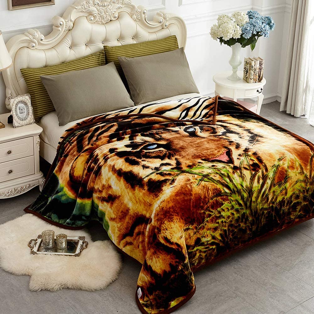 JYK Korean Faux Mink Fleece Blanket 75”x87” and 5 LB Mink Blanket - 2 Ply Reversible 520GSM Silky Soft Plush Warm Blanket for Autumn Winter, A&B Pattern (Queen, Tiger/Tiger Stripes)