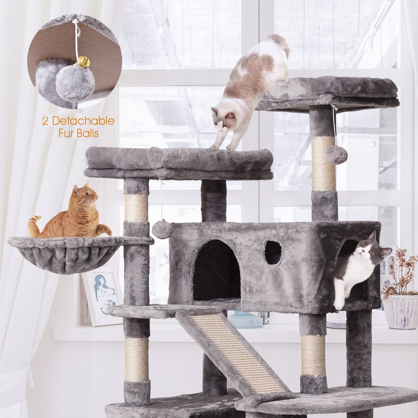 JISSBON Cat Tree Tower 178cm, Multi-Level Cat Scratching Post with Condos, Ladders, Basket, Hammock & Plush Perches for Kittens, Large Cats, Light Grey