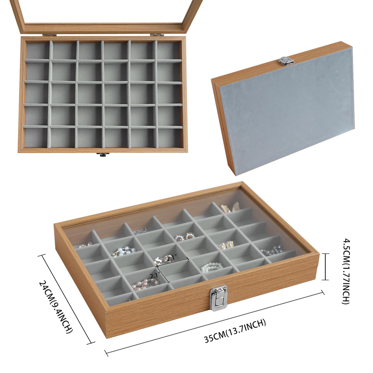 Wudygirl Jewelry Box for Women Wooden Jewelry Organizer 30 Grid Jewelry Box with Hinged Lid Earring Holder Organizer Jewelry Tray for Rings Bracelets Brooches (Gray 30 Grid)