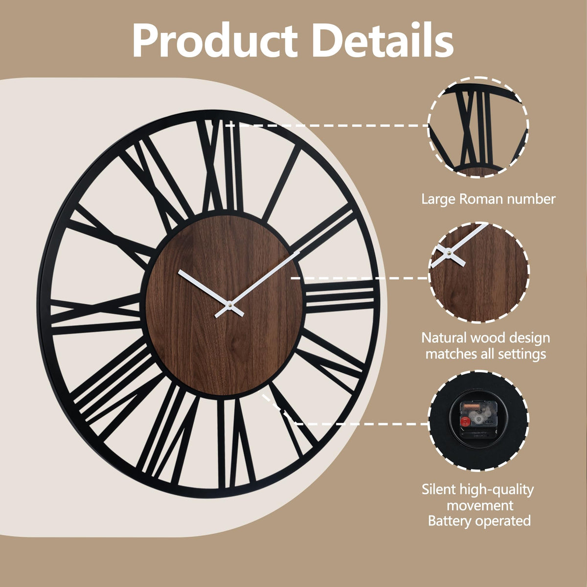 Jassurance Large Lighted Wood Wall Clock Remote Control, Roman Numeral Modern Decorative Clock with Silent Movement, Battery Operated Clocks for Living Room Decor
