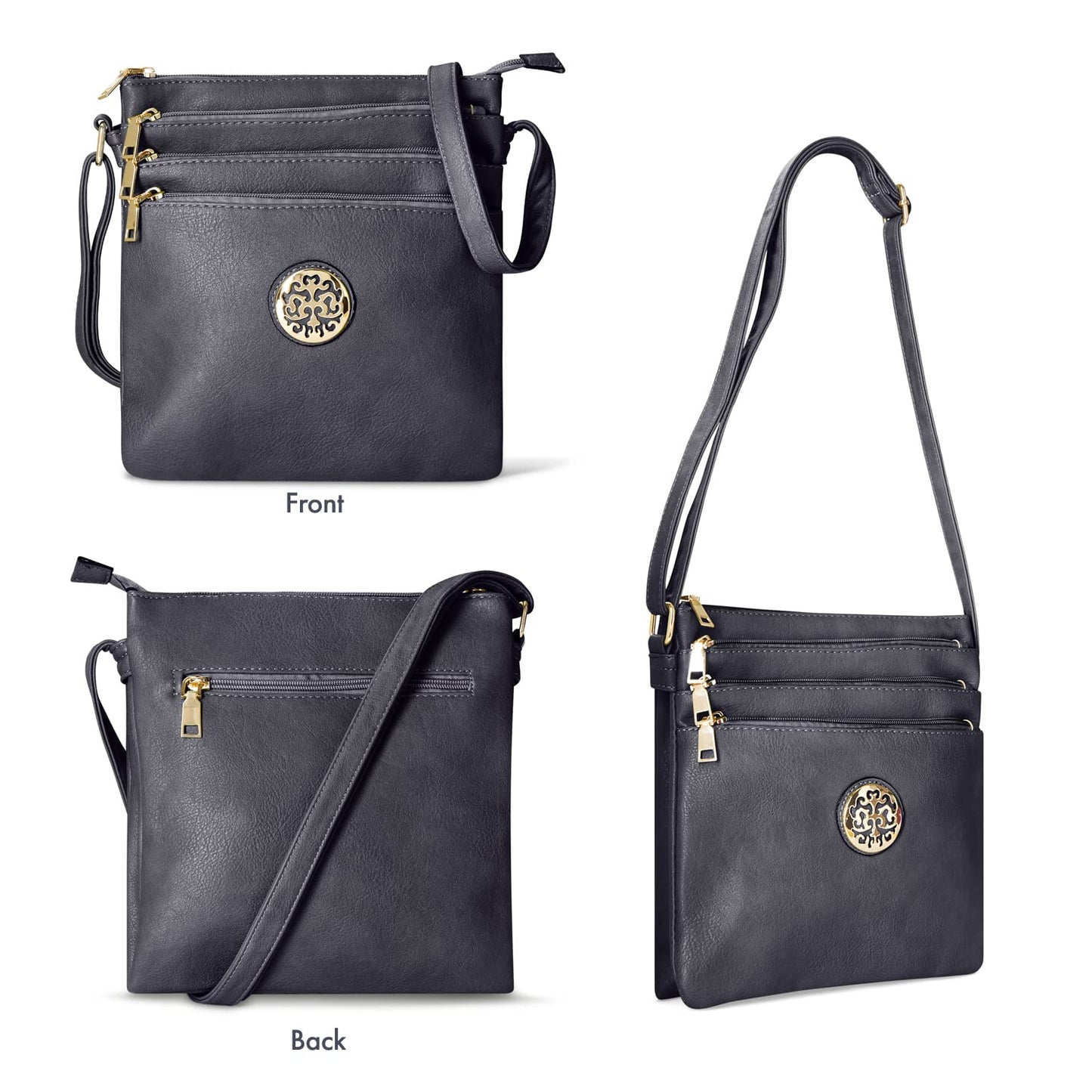 Woodland Leathers Crossbody Bags For Women, Multi Zipper Spacious Cross Body Bag Women With Adjustable Crossbody Strap, Golden decorated Women's Hobos & Shoulder Bags (Black)