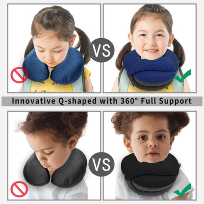 BUYUE Kids Travel Pillows for Airplane, 360° Head Support Sleeping Essentials for Boys Long Flight, Skin-Friendly Soft Neck Pillow for Traveling in Car Seat, (Small, Blue Grey, 40-100 lbs)