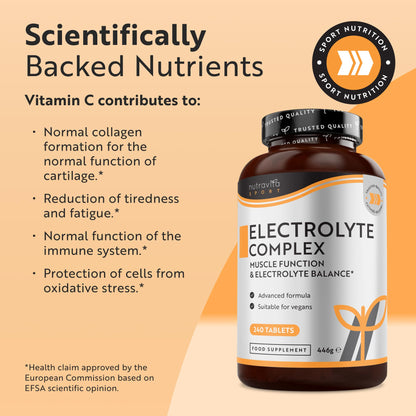 Electrolyte Complex - High Strength Tablets with Added Magnesium, Potassium & Calcium - Muscle Function and Electrolyte Balance - 240 Vegan Tablets - No Synthetic Binders - Made in The UK by Nutravita